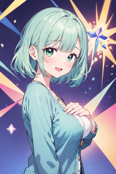 best quality, amazing intricate, cute girl, round eyes, medium breast, 
happy, green hair, fetal position, in a crystal maze, 
looking at viewer, 
medium hair, flipped hair, 
, 
, 
, 
, 
, 
hair slicked back, 
from front, 
upper body, 
, 
marbling cardigan, kaleidoscopic buruma