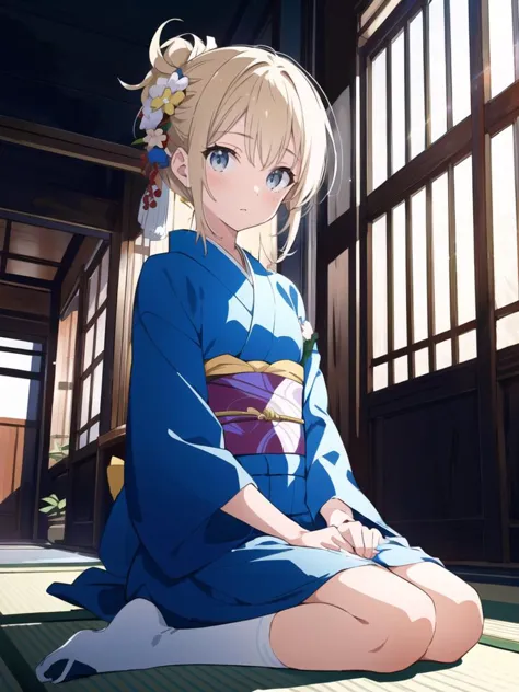 a woman in a blue kimono sitting on the floor