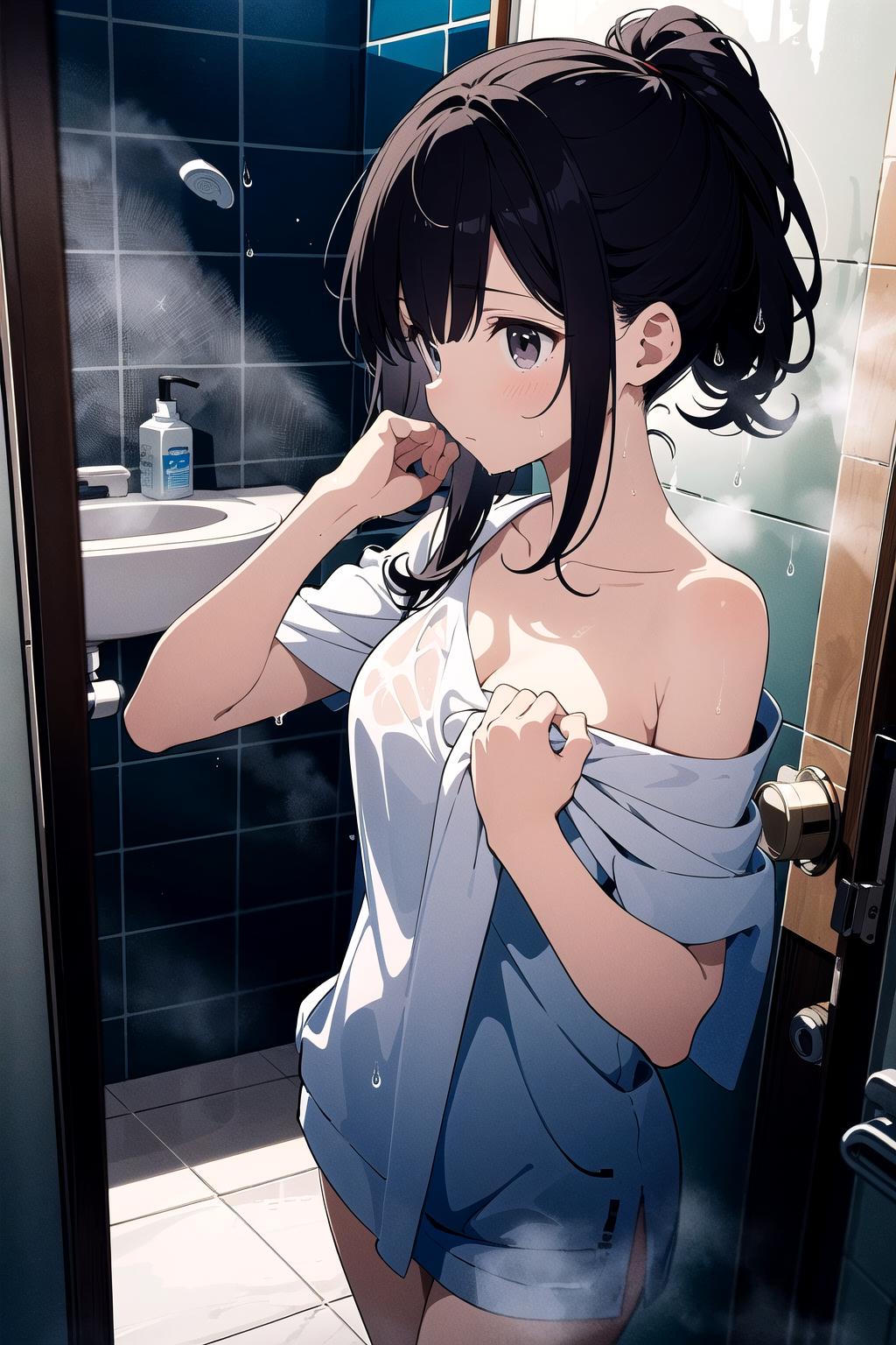 Anime girl in a bathing suit standing in a shower with a shower head -  SeaArt AI