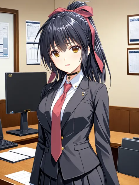 anime girl in a suit and tie standing in front of a computer