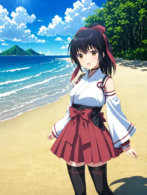 anime girl in a red and white dress standing on a beach