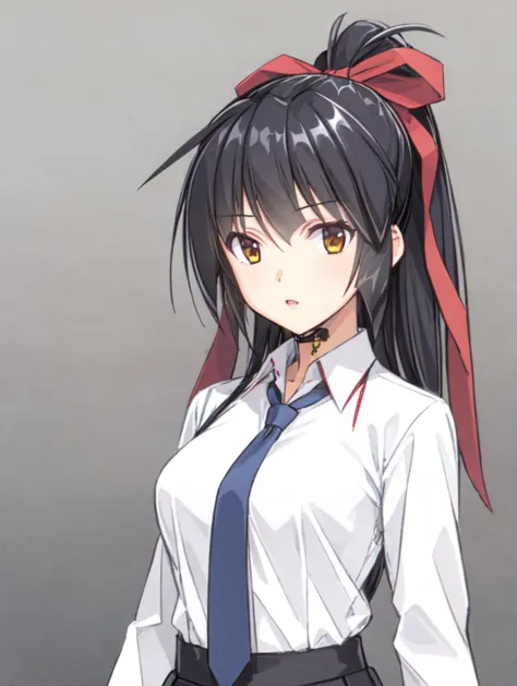 anime girl with long black hair wearing a white shirt and blue tie