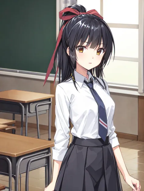 anime girl in a school uniform standing in a classroom