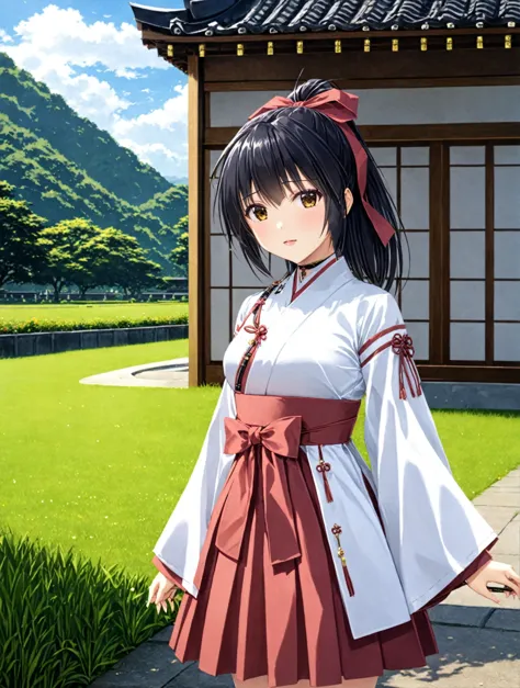 anime girl in a white and red dress standing in front of a house