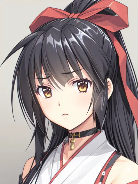 anime girl with long black hair and red bow in white top