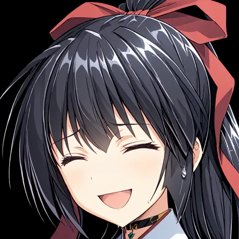 anime girl with long black hair and red bow in front of black background