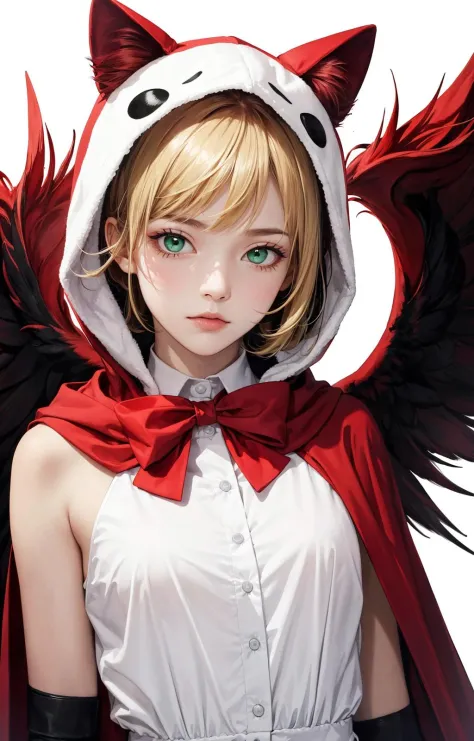 1 chica, animal_capucha, malo_identificación, malo_pixiv_identificación, rubio_cabello, arco, arcotie, capelet, vestido, inexpresivo, guantes, verde_eyes, haginokiri, alta resolución, capucha, original, Rojo_arco, Rojo_guantes, Rojo_tema, corto_cabello, Simple_fondo, solo, superior_cuerpo, blanco_fondo, alas