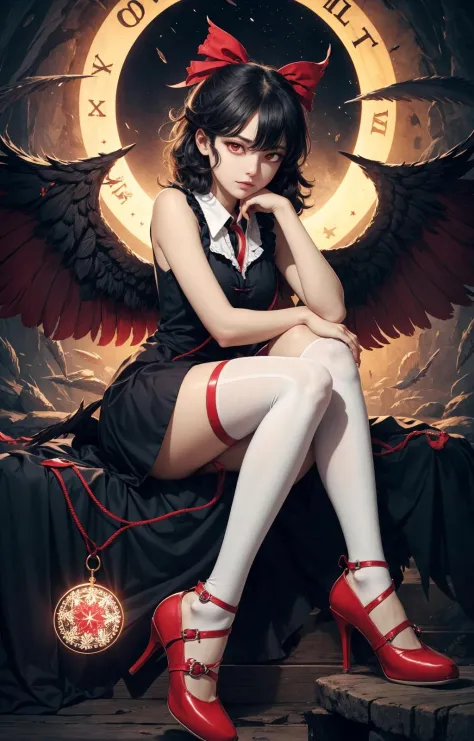 1 chica, ceniza_(pixiv53802), asimétrico_alas, malo_identificación, malo_pixiv_identificación, negro_cabello, houjuu_nue, piernas, magia_círculo, María_janes, Rojo_eyes, zapatos, solo, muslos, touhou, alas