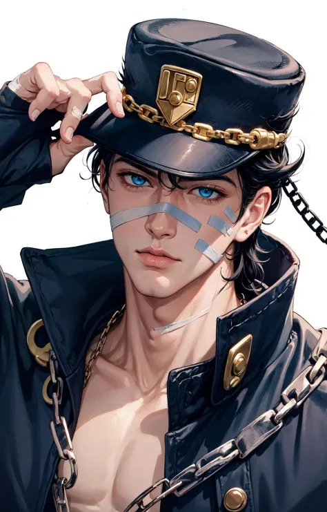 1boy, bad_id, bad_pixiv_id, bandage_on_face, bandages, black_hair, blue_eyes, chain, hat, jojo_no_kimyou_na_bouken, kujo_jotaro,...