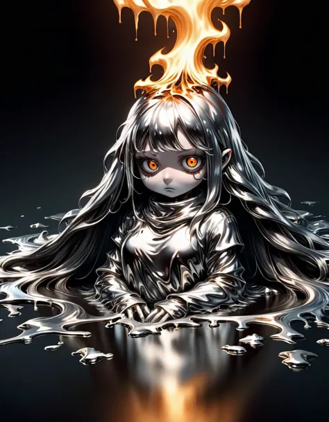 Horror-themed cute comic, ral-chrome , female standing in molten metal, melting body, long flowing hair <lora:ral-chrome-sdxl:0....