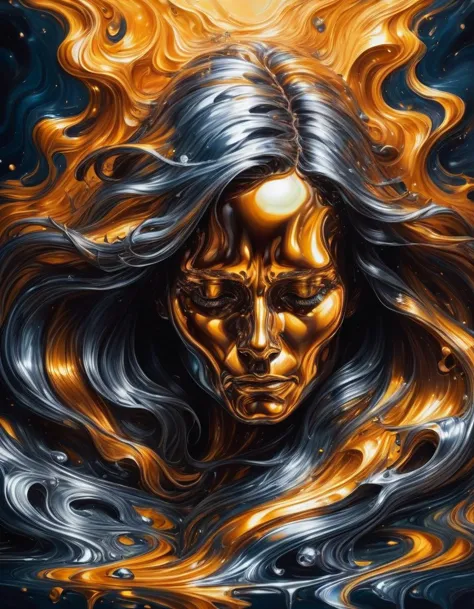 a painting of a woman with a golden face and long hair