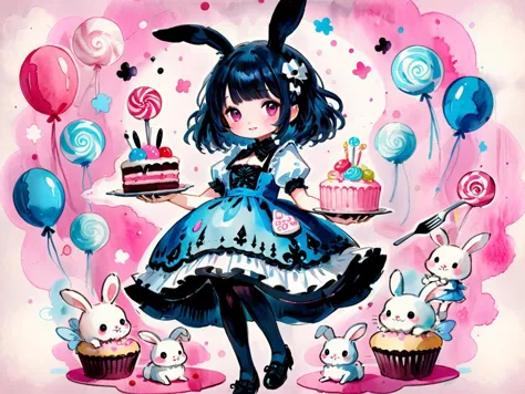 Fairy tale aesthetic style, A girl in a blue gothiclolita dress holding a giant fork, in a world of (floating:1.1) cake and candy, cute bunnies and happiness, pink theme with bright colours, <lora:sdxl_cute_social_comic:0.5> cute comic, <lora:Aether_Watercolor_and_Ink_v1_SDXL_LoRA:0.8> watercolor, ink, sketch . Magical, fantastical, enchanting, storybook style, highly detailed