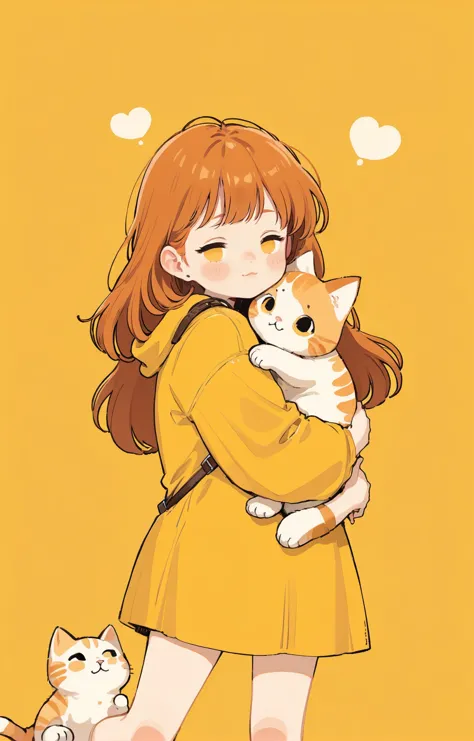 a girl in a yellow dress holding a cat and a small dog