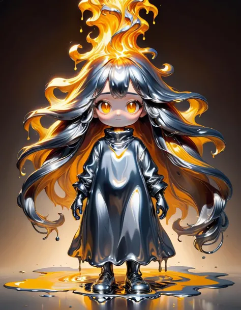 Impressionist painting cute comic, ral-chrome , female standing in molten metal, melting body, long flowing hair <lora:ral-chrom...