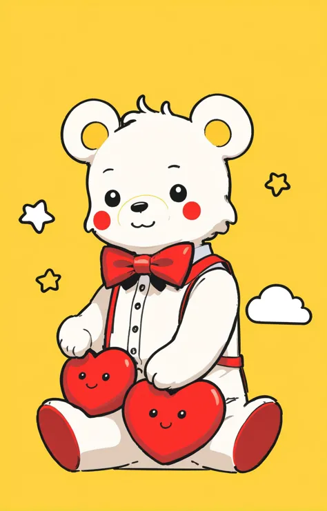 cartoon bear with red heart in his paws sitting on a yellow background