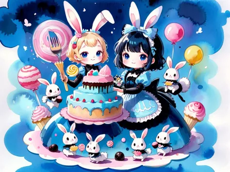 Fairy tale aesthetic style, A girl in a blue gothiclolita dress holding a giant fork, in a world of (floating:1.1) cake and cand...