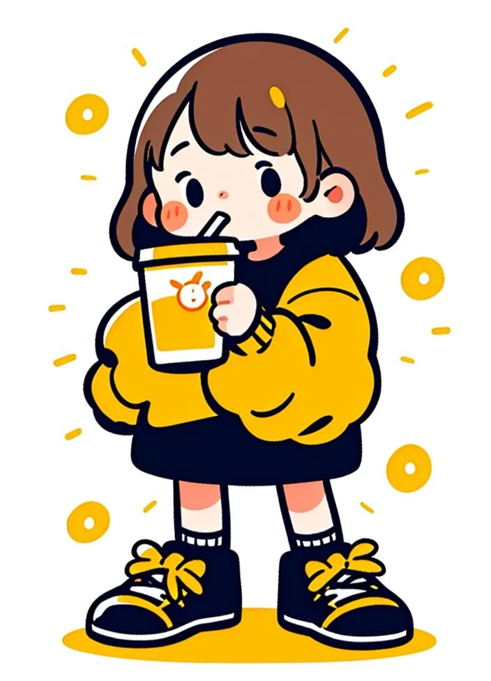 cute comic, 1girl, solo, holding, shoes, socks, long sleeves, short hair, white background, simple background, cup, bangs, blush stickers, standing, holding cup, full body, black footwear, looking at viewer, drinking straw, white socks, puffy long sleeves, brown hair, drink, holding drink, no nose, puffy sleeves, shadow, black 
 