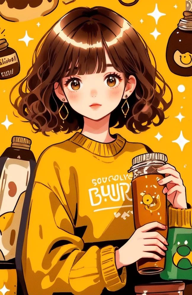 masterpiece, best quality
cute doodle, 1girl, solo, short hair, food, jewelry, earrings, long sleeves, black shirt, bangs, bottle, shirt, sweater, blush, brown hair, yellow background, english text, sparkle, cup
