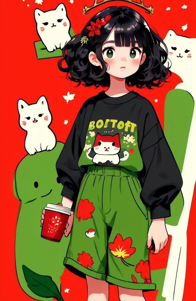 masterpiece, best quality
cute doodle, shoes, shirt, short hair, print shirt, leaf, food, shorts, black hair, white shirt, green eyes, red background, holding, cup, hair ornament, hairclip, long sleeves, cat, blush, black pants, no nose, bangs
