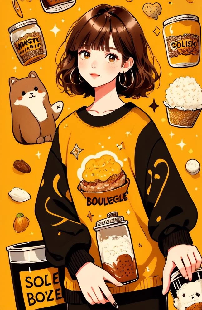 masterpiece, best quality
cute doodle, 1girl, solo, short hair, food, jewelry, earrings, long sleeves, black shirt, bangs, bottle, shirt, sweater, blush, brown hair, yellow background, english text, sparkle, cup
