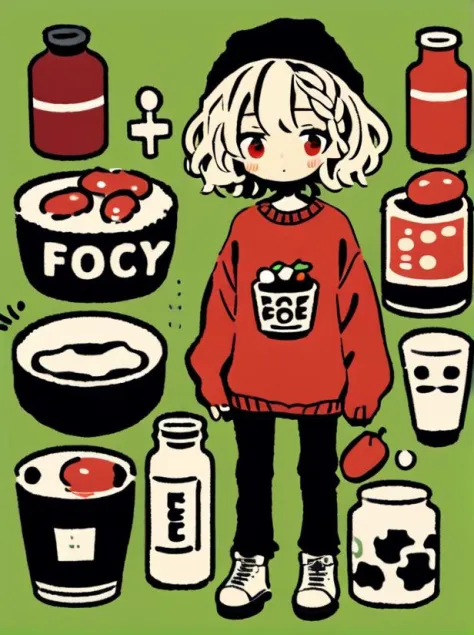 masterpiece, best quality,
cute doodle, 1girl, shoes, black pants, food, solo, pants, red eyes, sweater, white footwear, bottle,...