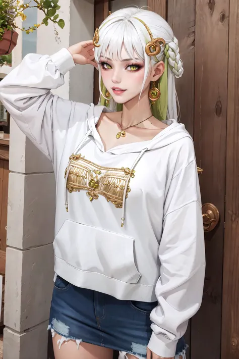 High Quality, Masterpiece, 1girl, seldea, hair ornament, jewelry, earrings, collarbone,  <lora:seldea-vtuber-richy-v1:1>, edgNoire, hoodie,  ([black dress, short skirt|hoodie]::0.5), <lora:Outfit_NoireHoodies:0.8>, seductive smile,