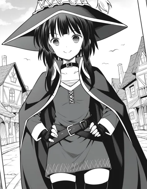 anime girl in a witch costume standing in front of a building