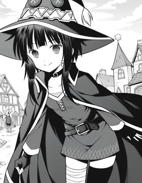 anime girl in a witch hat and cape with a black cape