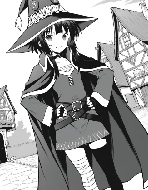 anime girl in a witch costume standing in front of a building