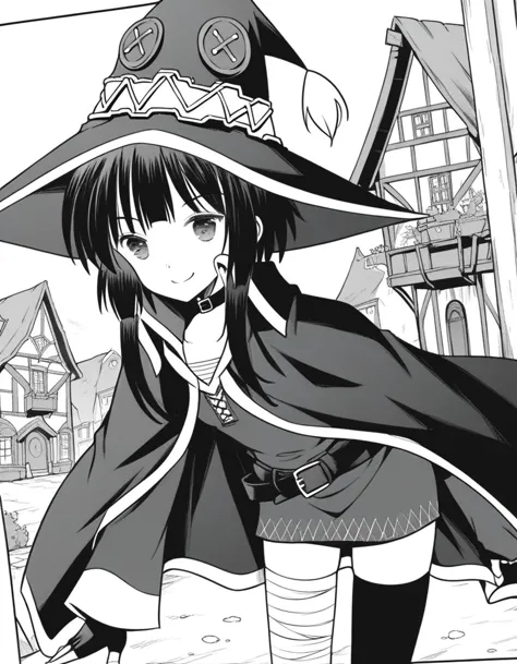 anime girl in a witch hat and cape standing in front of a house