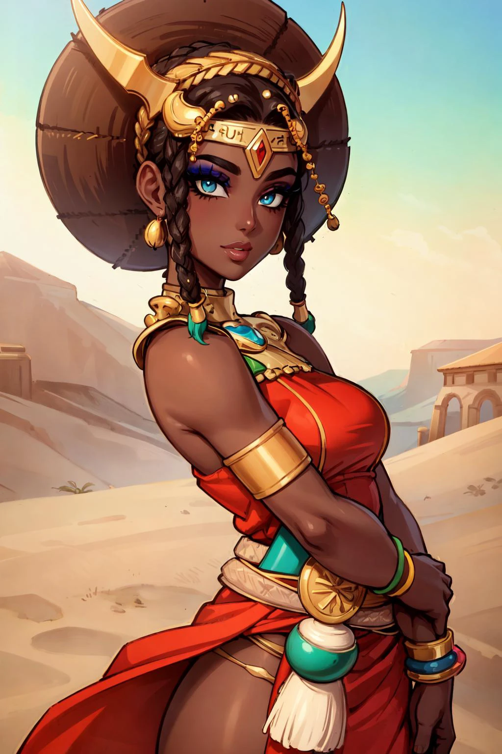 (masterpiece:1.2), (best quality:1.2), perfect eyes, perfect face, perfect lighting, photoshoot, 1girl, mature female wearing SSAHC, SSAHC, dark-skinned, colorful tribal dress, headdress, thick eyelashes, makeup, eyeshadow, medium hair, oasis, desert detailed outdoor background  
