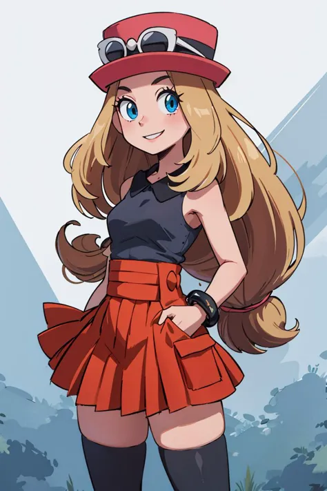 ((masterpiece,best quality)), absurdres,  <lora:serena_v1:0.7>,  serena \(pokemon\), 1girl, long hair, blue eyes,  thighhighs, l...