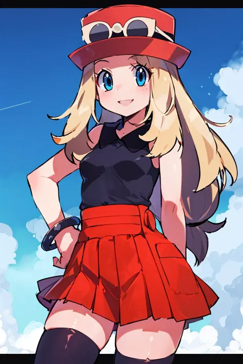 ((masterpiece,best quality)), absurdres,  serena \(pokemon\), 1girl, long hair, blue eyes,  thighhighs, long hair, hat, jewelry, bracelet, black thighhighs, collared shirt, pleated skirt, red skirt, sleeveless, high-waist skirt, sleeveless shirt, eyelashes, pink headwear, black shirt, eyewear on headwear, solo, smiling, looking at viewer, cowboy shot,  cinematic composition, contrapposto,