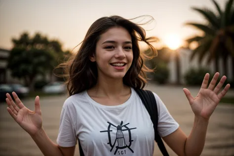 medium shot,photo of a 18 year old girl,dancing,happy,laughing,shirt,outdoor,windy,ray tracing,detail shadow,shot on fujifilm x-...