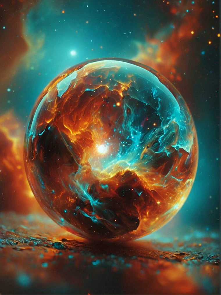 (martius_nebula:1.2), a surreal and vibrant scene. At the center, there's a spherical object that appears to be a crystal ball, but with a twist it's not just a crystal ball, it's a portal to another world. The portal is a swirling vortex of colors, with hues of red, orange, and yellow dominating the scene, suggesting a fiery or molten core. This fiery core is not just a static element; it's alive with movement, as if it's a living entity, perhaps a dragon or a mythical creature, captured in a moment of intense energy.
es the viewer to imagine what lies beyond the portal, and what secrets the fiery core might hold.
. 