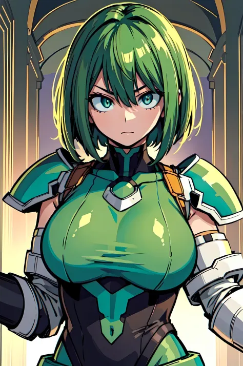 (masterpiece), best quality, lot of details, 1 girl,solo, huge breasts, mature female, close-up, upper body, green eyes, bob cut...