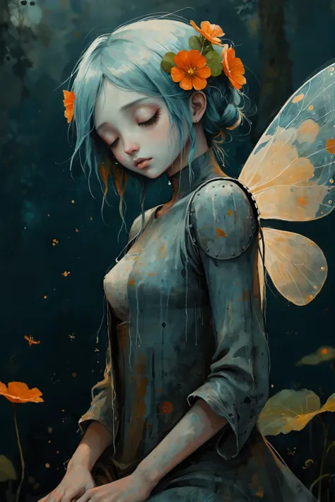 dark, moody anime digital painting, 1girl, woman, darkslateblue skin, f/1.4 lens, bokeh, tiny beige nasturtium faerie,insect win...