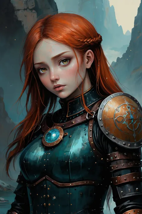 dark, moody anime digital painting, eyes open. 1girl, woman, heroic arctic celtic witch, (muscular:1), leather armor, leather pa...