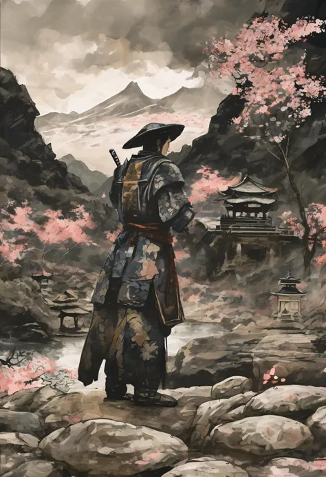 dark, moody anime digital painting, japanese samurai warrior in armor, zen garden, spring, sunshine, sakura, meditation, stream,...