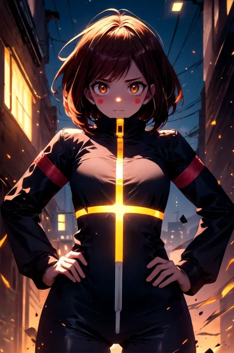 (masterpiece, best quality, detailed), 1girl, solo, looking at viewer, <lora:uraraka_ochako:0.8>, ochako uraraka, brown hair, brown eyes, short hair, blush stickers, <lora:r1ge - AnimeRage:0.65>, glowing, flying debris, magic, aura, energy, <lora:alley:1>, alleyway, industrial pipe, building, urban, power lines, cloudy sky, sign, dark, night, hands on hips