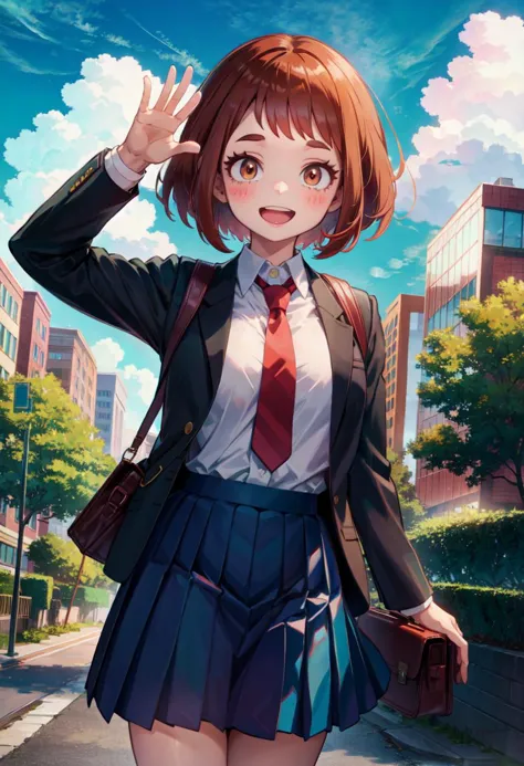 anime girl in school uniform waving while walking down the street