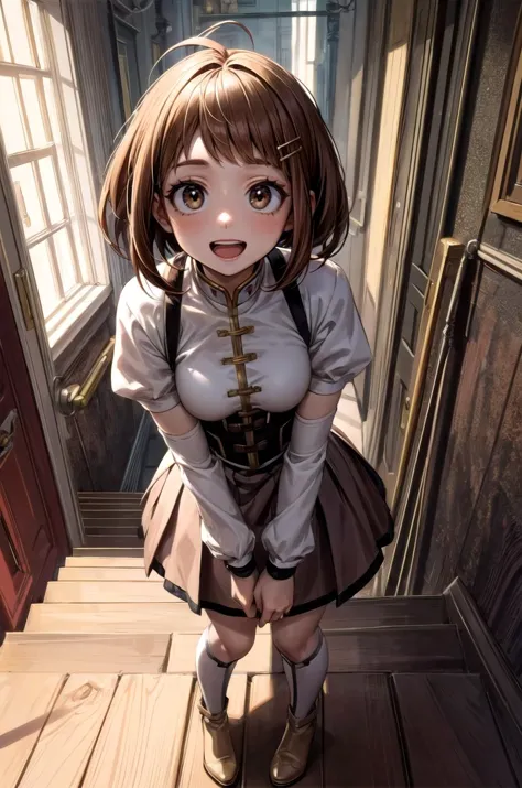 anime girl in a school uniform standing in a hallway