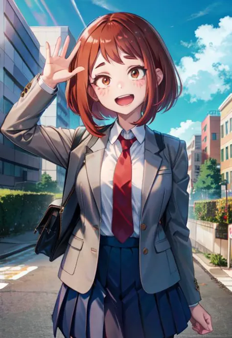 anime girl in a school uniform waving and smiling