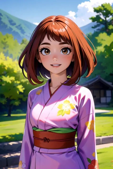 uraraka ochako, long sleeves, looking at viewer, parted lips, 1girl, blush, arms behind back,  outdoors background, solo, dress, japanese clothes, floral print, yukata,brown eyes, brown hair , smile ,parted lips,<lora:uraraka_ochako:1>, BREAK (masterpiece:1.2), best quality, high resolution, unity 8k wallpaper, (illustration:0.8), extremely detailed face, perfect lighting, extremely detailed CG, (perfect hands, perfect anatomy), (masterpiece, best_quality, ultra-detailed, immaculate:1.3), epic, illustration, render, <lora:GoodHands-vanilla:1.2>, <lora:colorize:1>,