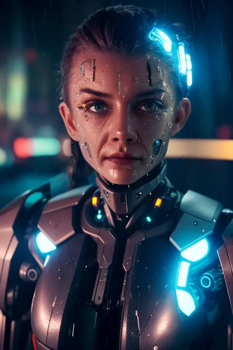 (movie still:1.25), face, 1girl, (futuristic cyborg lady:1.25), mechanical body, rainy, wet, at night, neon light, soft colors, ...