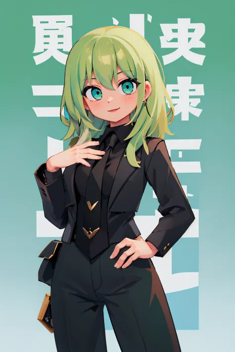 (masterpiece, best quality:1.2), solo, 1girl, fembyleth, smile, looking at viewer, hand on hip, light green hair, green eyes, al...