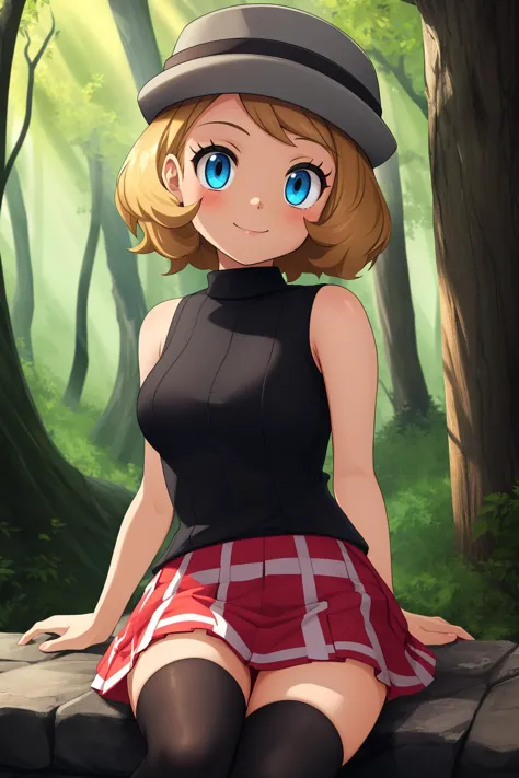 pkmnserena, 1girl, solo, blue eyes, blonde hair, short hair, bangs, hat, grey headwear,
black shirt, turtleneck, sleeveless, red skirt, pleated skirt, black thighhighs,
smile,closed mouth,cowboy shot,sitting,
forest,outdoor,
(insanely detailed, beautiful detailed face, masterpiece, best quality) cinematic lighting,<lora:PKMN_Serena_Gen8_v1:1>, <lora:more_details:0.3>,