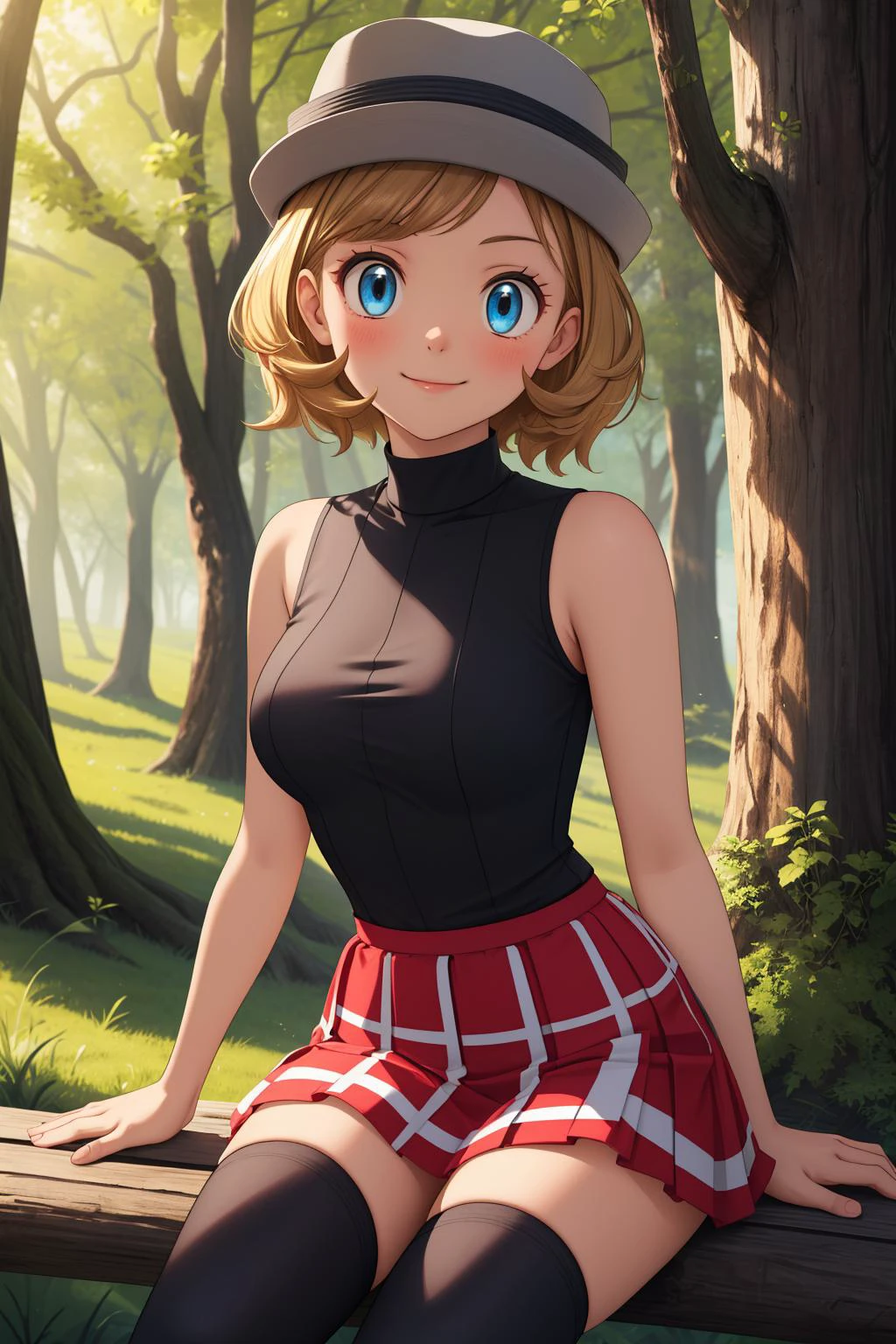 pkmnserena, 1girl, solo, blue eyes, blonde hair, short hair, bangs, hat, grey headwear,
black shirt, turtleneck, sleeveless, red skirt, pleated skirt, black thighhighs,
smile,closed mouth,cowboy shot,sitting,
forest,outdoor,
(insanely detailed, beautiful detailed face, masterpiece, best quality) cinematic lighting,