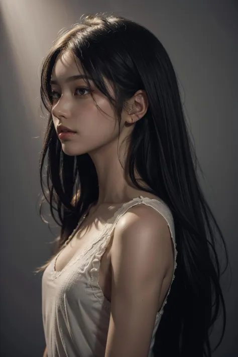 a 20 yo woman,long hair,dark theme, soothing tones, muted colors, high contrast, (natural skin texture, hyperrealism, soft light, sharp),
