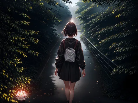 anime girl walking down a path with a lantern in her hand